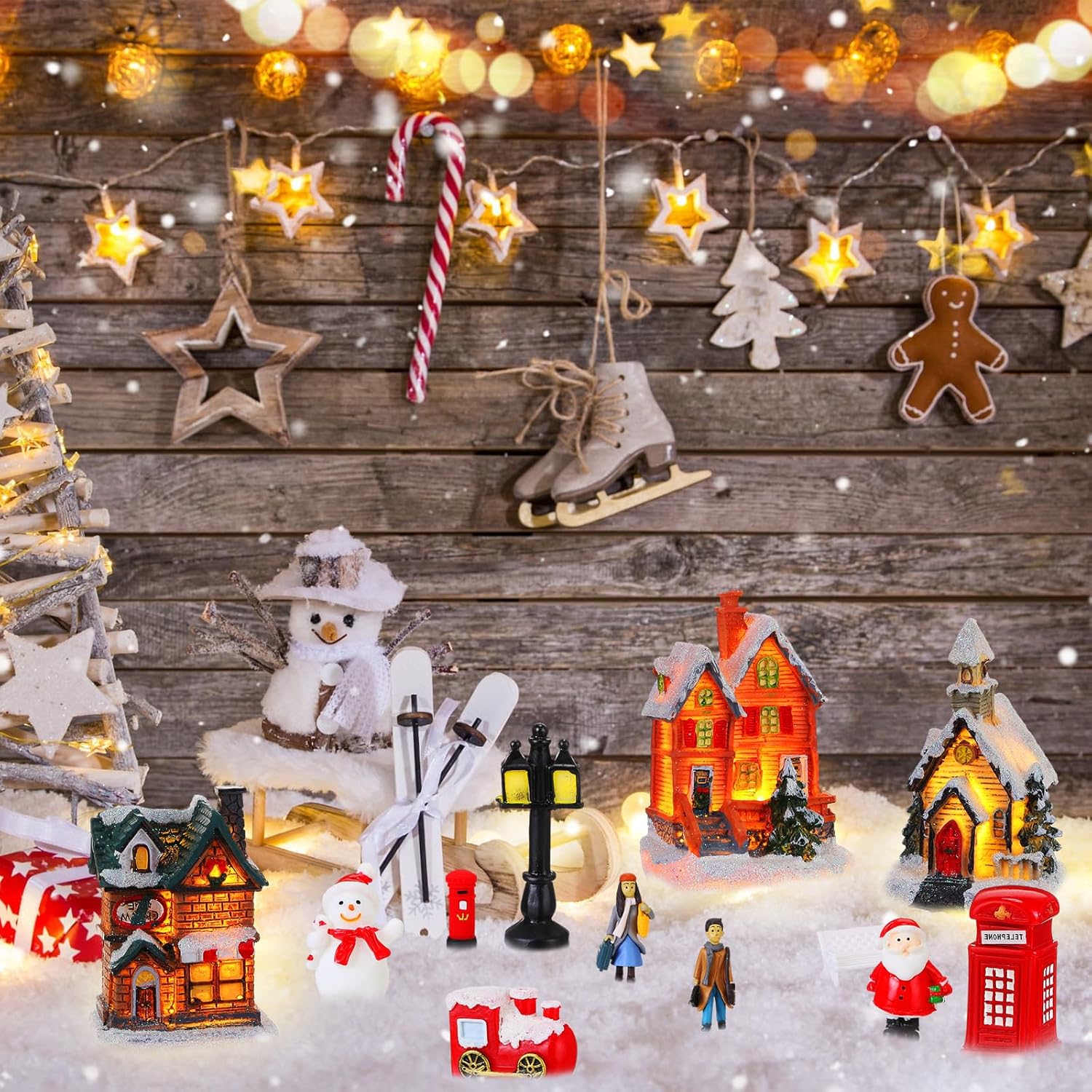 Zubebe 64 Pcs Christmas Village Set, Christmas Village Houses LED Holiday Village Figurines Christmas Village Buildings Christmas Town Scene Desktop Ornaments Indoor Room Decor Collection (Classic)