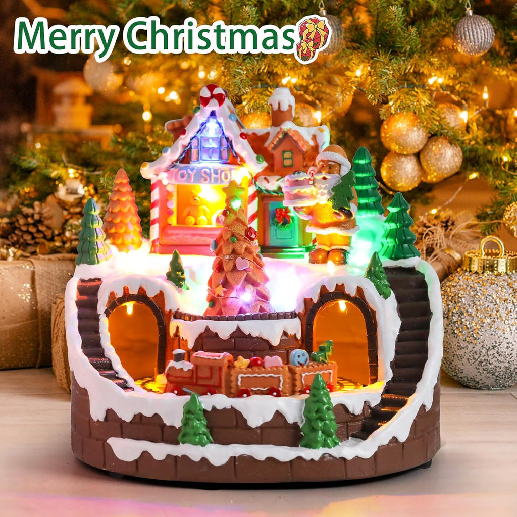 DREAM GARDEN Christmas Village House, Gingerbread House with Moving Train and Christmas Tree Battery Operated Musical Collectible Buildings with LED Lights for Home Table Holiday Display