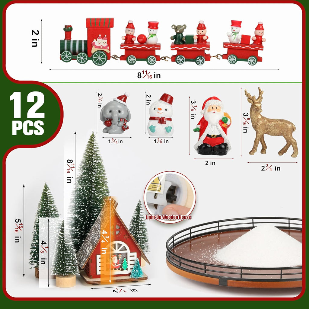 12 PCS Christmas Town Village Sets, 13" Oak Wood Lazy Susan for Table Top Centerpiece Decor for Table, Xmas House Decorations, Trees, Snowman, Elephant, Santa Claus, Reindeer, Train for Festive Decor