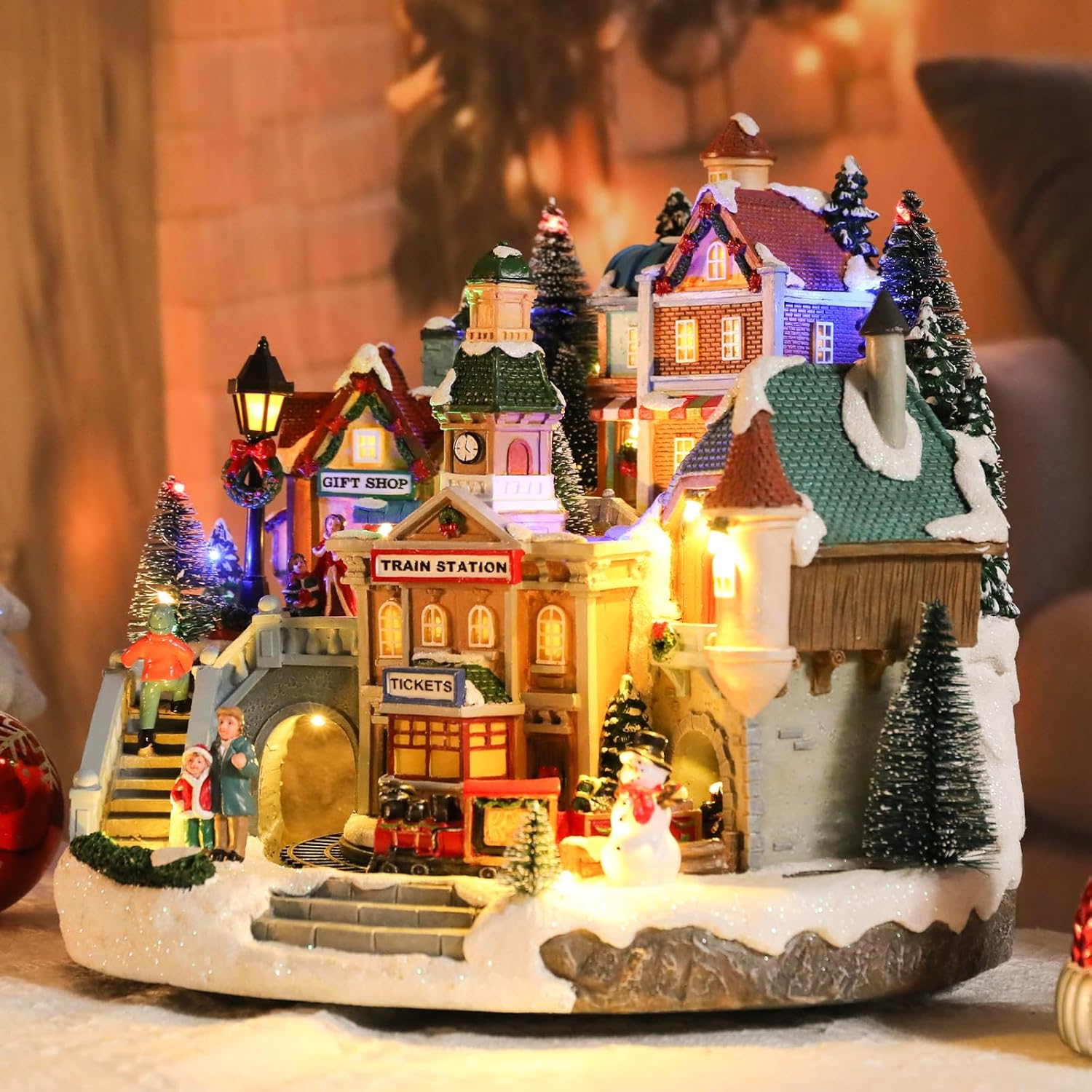 Afirst Christmas Village Houses Collectible Figurines Moving Train Around Village with Trees Lighted Christmas House Collectable Xmas Light Up Musical with USB Indoor Display Figurines Decoration