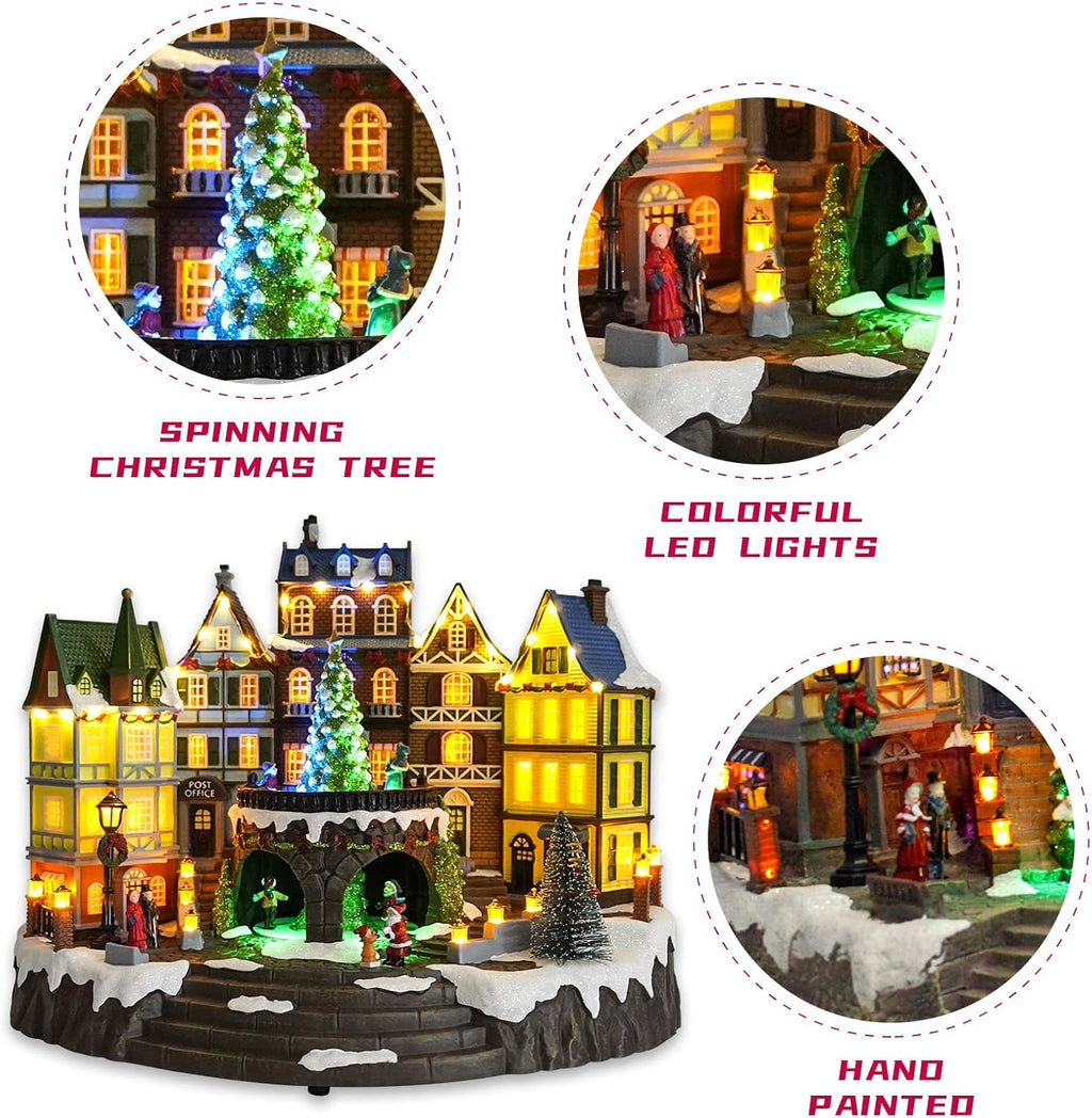 Christmas Village House, 12.4" H Large Size, Colourful LED Lights with Christmas Music, Rotating Christmas Trees and Roller Skaters, Christmas Decoration for Home (Yellow)