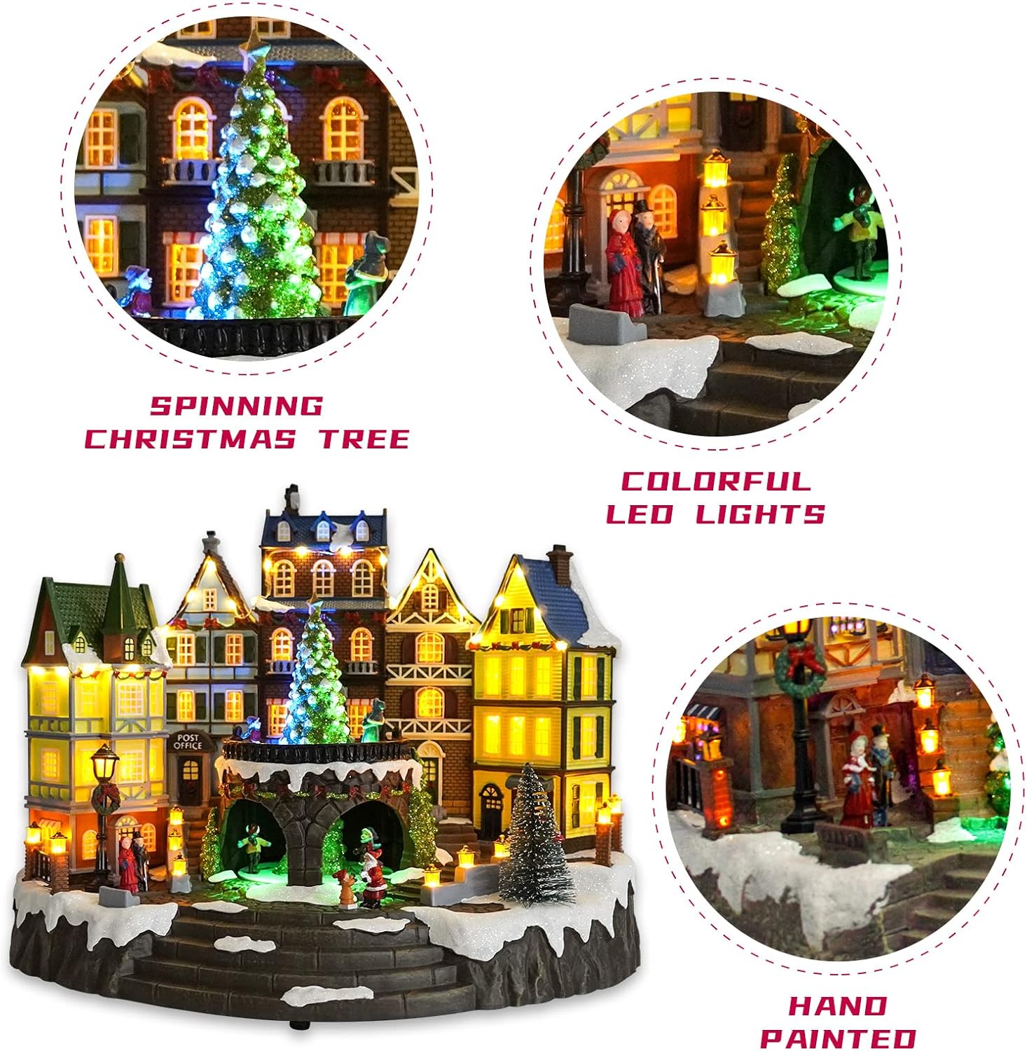 Christmas Village House, 12.4" H Large Size, Colourful LED Lights with Christmas Music, Rotating Christmas Trees and Roller Skaters, Christmas Decoration for Home (Yellow)