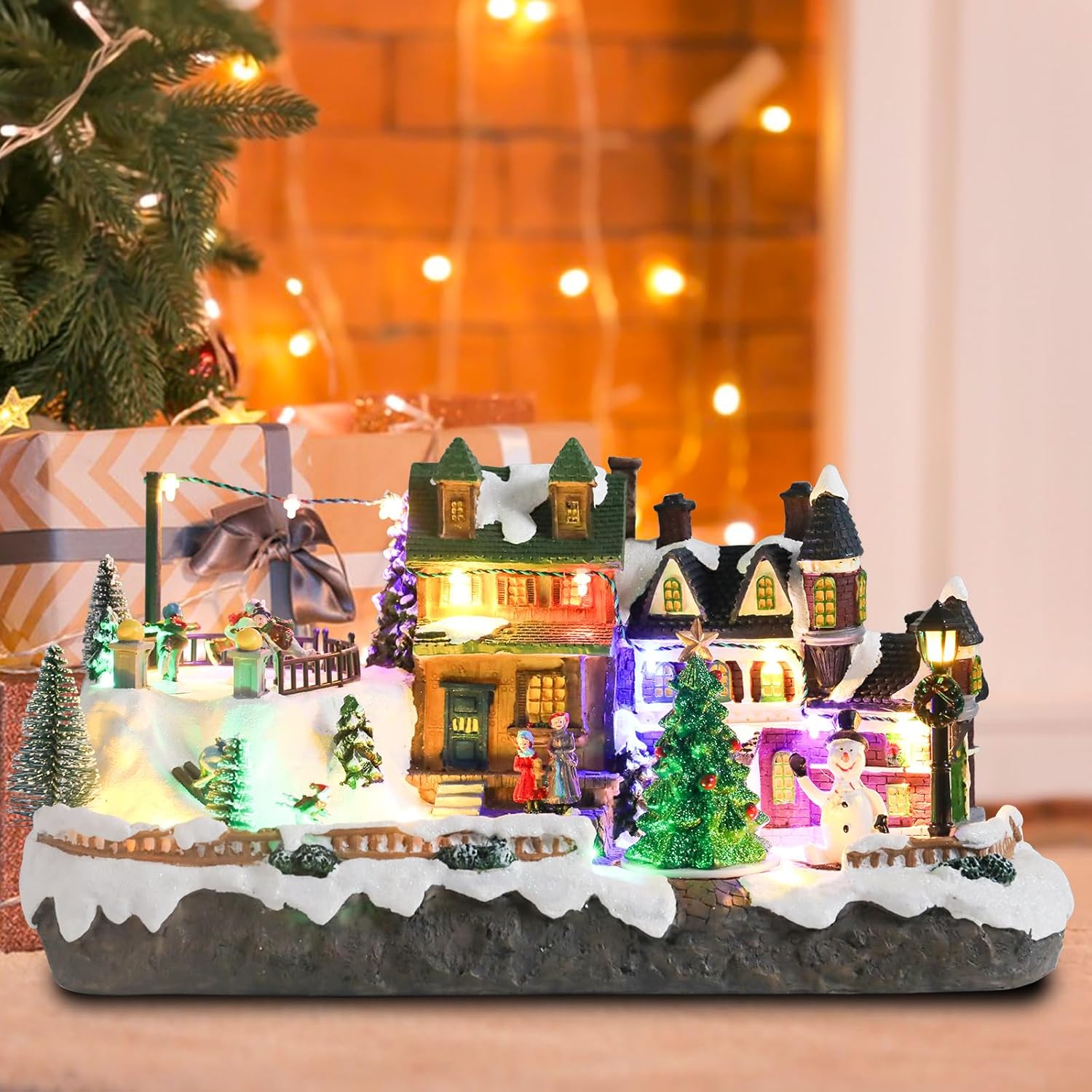Afirst Christmas Village Houses Collectible Figurines Skaters Skiers Rotating Xmas Tree Lighted Christmas Houses Collectable Light Up Musical with USB Indoor Display Figurines Decoration