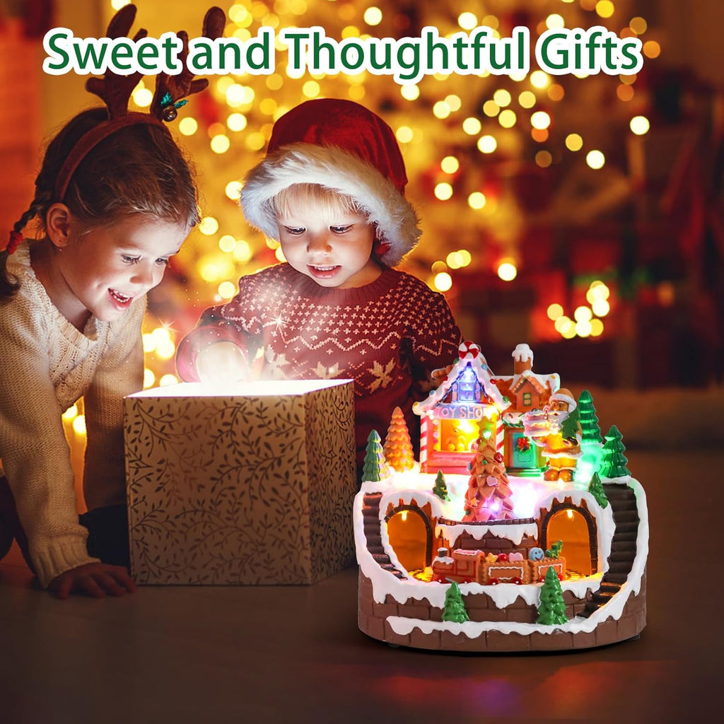 DREAM GARDEN Christmas Village House, Gingerbread House with Moving Train and Christmas Tree Battery Operated Musical Collectible Buildings with LED Lights for Home Table Holiday Display