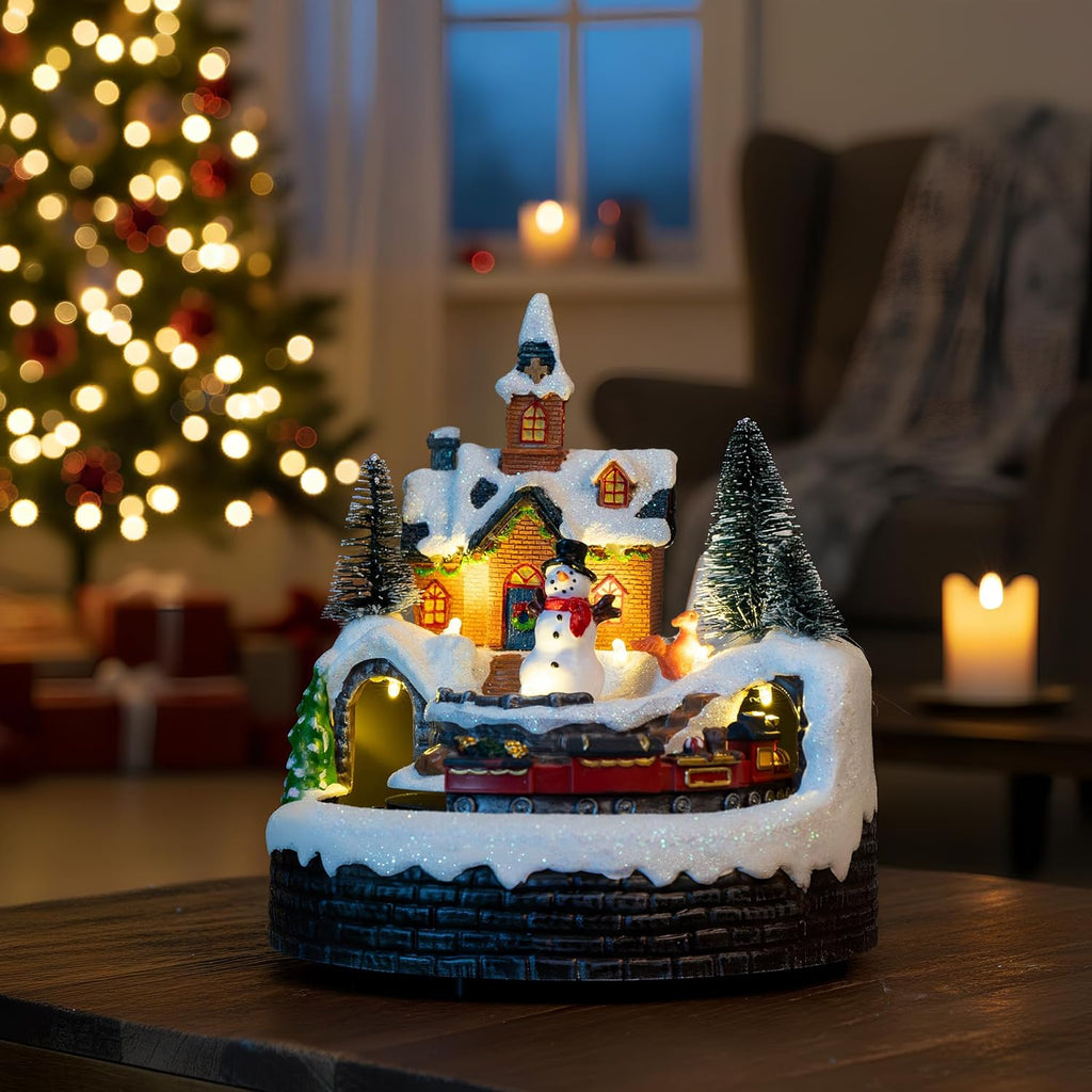 Animated Musical Christmas Village Figurines Christmas Collectibles Statues Church Building and Snowman with Rotating Train LED Lights, Battery & USB Home Decor Gifts Festive Holiday Decorations