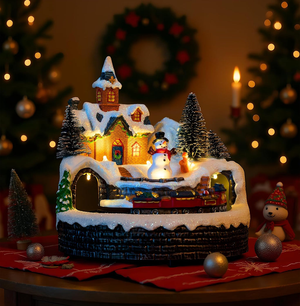 Animated Musical Christmas Village Figurines Christmas Collectibles Statues Church Building and Snowman with Rotating Train LED Lights, Battery & USB Home Decor Gifts Festive Holiday Decorations