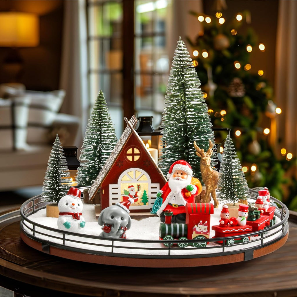 12 PCS Christmas Town Village Sets, 13" Oak Wood Lazy Susan for Table Top Centerpiece Decor for Table, Xmas House Decorations, Trees, Snowman, Elephant, Santa Claus, Reindeer, Train for Festive Decor