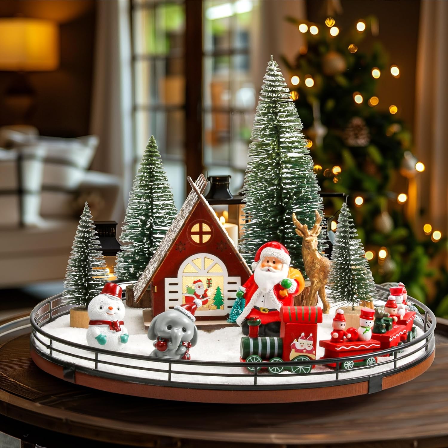12 PCS Christmas Town Village Sets, 13" Oak Wood Lazy Susan for Table Top Centerpiece Decor for Table, Xmas House Decorations, Trees, Snowman, Elephant, Santa Claus, Reindeer, Train for Festive Decor