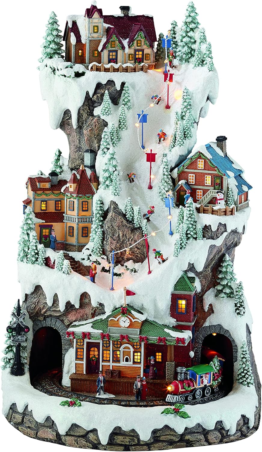 MOMENTS IN TIME 20.5“H Ski Resort Mountain Resin Christmas Village Buildings, Featuring LED Lights, Christmas Music, and Animated Train - Power Adapter (Included)