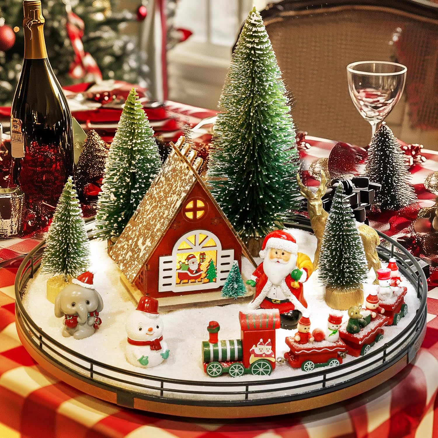 12 PCS Christmas Town Village Sets, 13" Oak Wood Lazy Susan for Table Top Centerpiece Decor for Table, Xmas House Decorations, Trees, Snowman, Elephant, Santa Claus, Reindeer, Train for Festive Decor