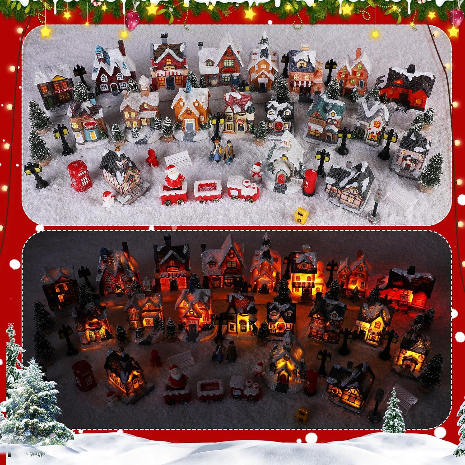 Zubebe 64 Pcs Christmas Village Set, Christmas Village Houses LED Holiday Village Figurines Christmas Village Buildings Christmas Town Scene Desktop Ornaments Indoor Room Decor Collection (Classic)