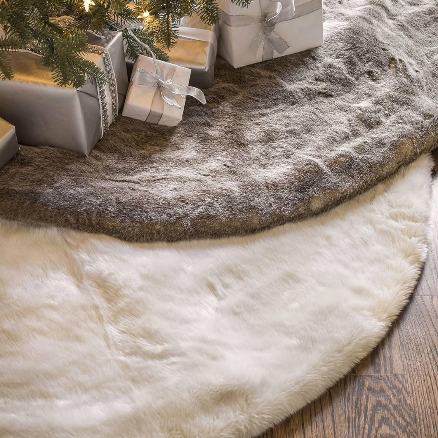 Balsam Hill Lodge Faux Fur Christmas Tree Skirt - Premium Rustic and Luxurious Fur Accents in Brown and Ivory for Tree Decor, Brown, 60"