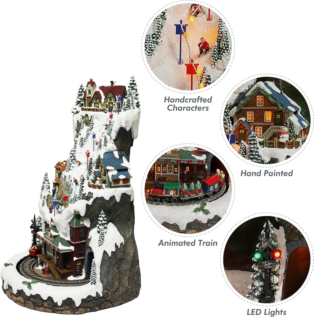 MOMENTS IN TIME 20.5“H Ski Resort Mountain Resin Christmas Village Buildings, Featuring LED Lights, Christmas Music, and Animated Train - Power Adapter (Included)