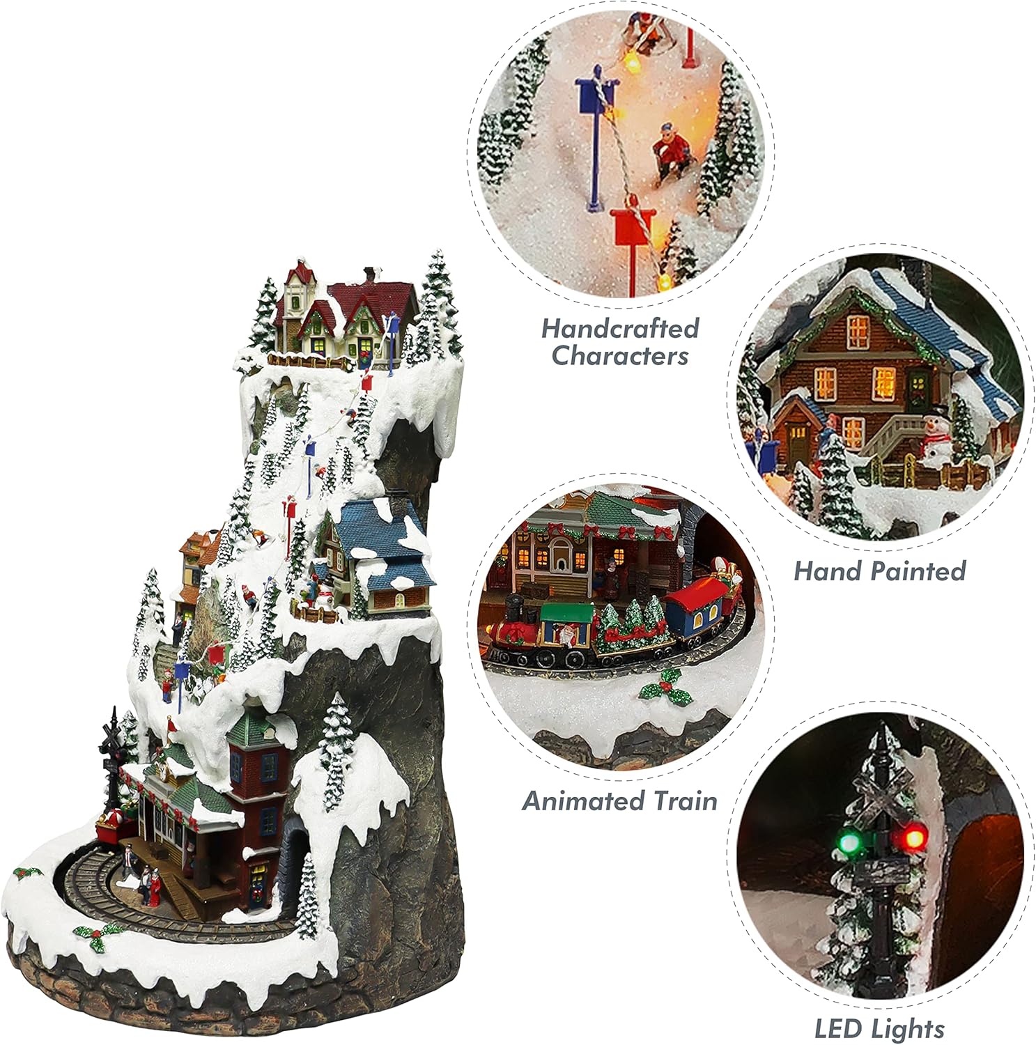 MOMENTS IN TIME 20.5“H Ski Resort Mountain Resin Christmas Village Buildings, Featuring LED Lights, Christmas Music, and Animated Train - Power Adapter (Included)