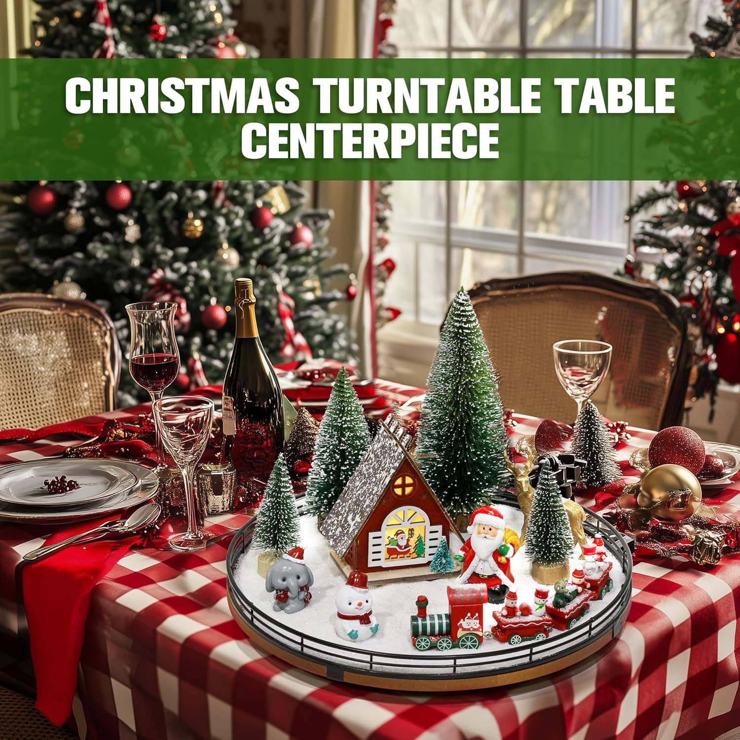 12 PCS Christmas Town Village Sets, 13" Oak Wood Lazy Susan for Table Top Centerpiece Decor for Table, Xmas House Decorations, Trees, Snowman, Elephant, Santa Claus, Reindeer, Train for Festive Decor