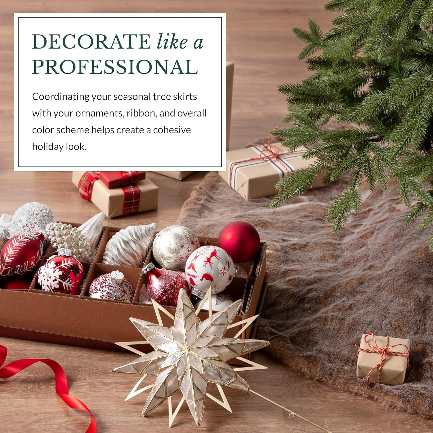 Balsam Hill Lodge Faux Fur Christmas Tree Skirt - Premium Rustic and Luxurious Fur Accents in Brown and Ivory for Tree Decor, Brown, 60"